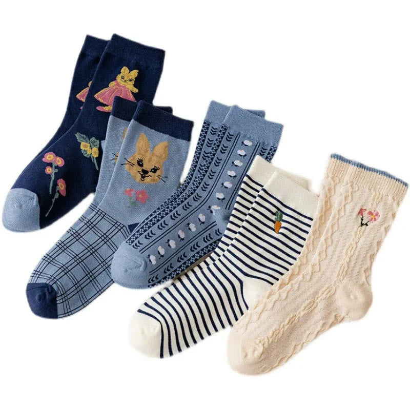Vintage Embroidered Rabbit Quarter Socks(5 Pairs) - Multicolor - EU36-40(US3-7) - image 6