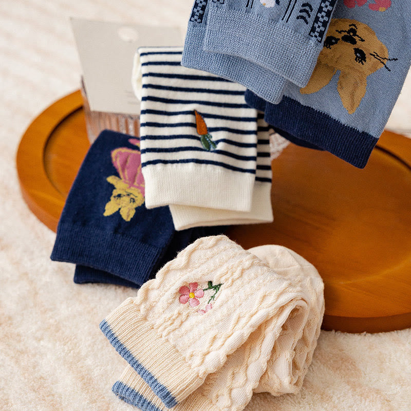 Vintage Embroidered Rabbit Quarter Socks(5 Pairs) - image 5