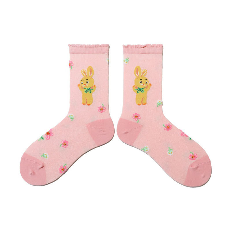 Retro Floral Animal Quarter Socks(2 Pairs) - Pink - EU36-40(US3-7) - image 4