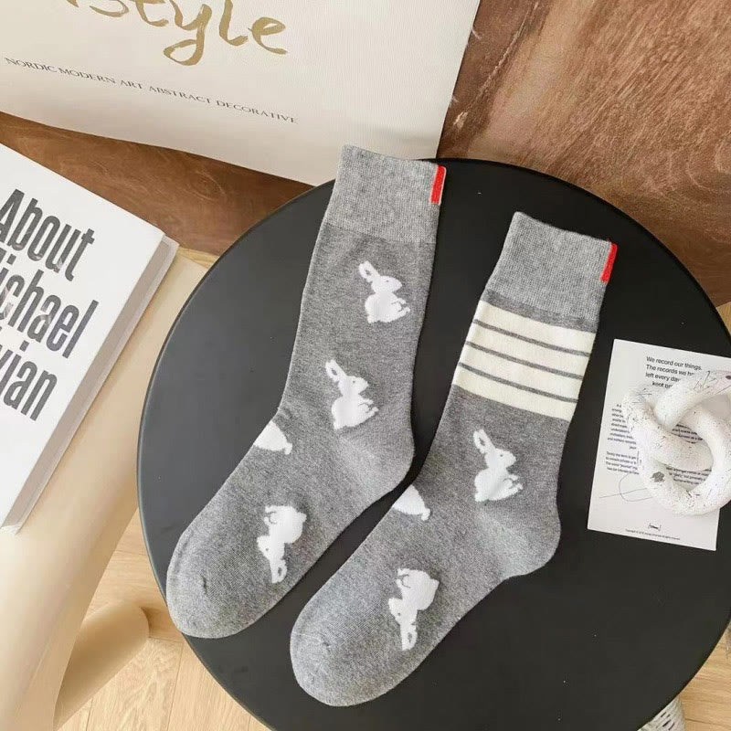 Four Stripe Rabbit Quarter Socks(5 Pairs) - Light Gray - EU36-42(US3-8.5) - image 11