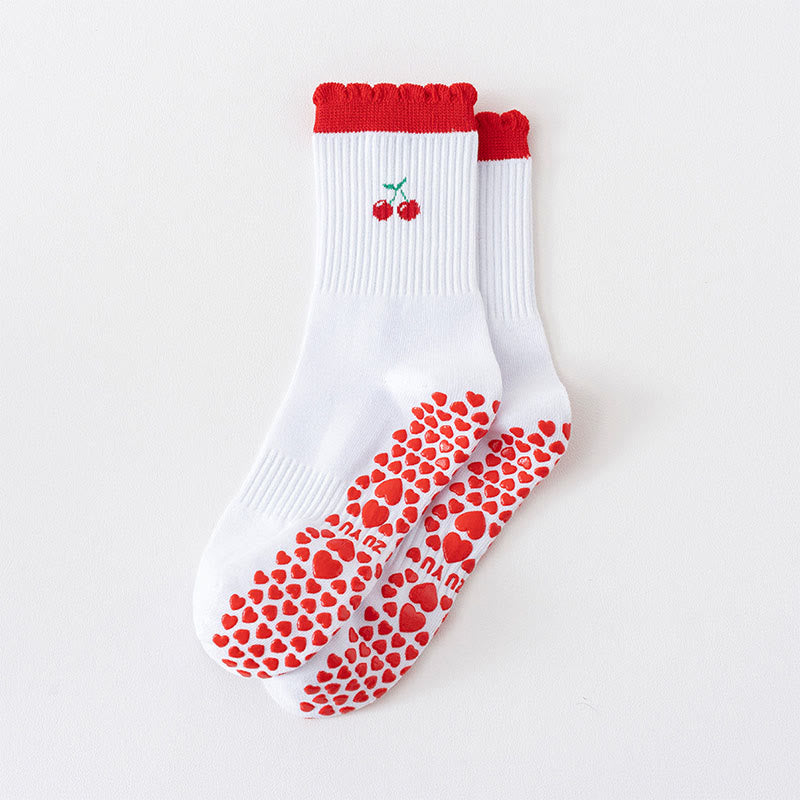 Cherry Heart Bow Avocado Yoga Socks(4 Pairs) - Red - EU36-40(US3-7) - image 5