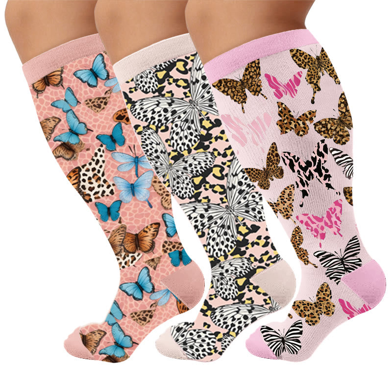 Plus Size Printed Butterfly Pattern Compression Socks - Multicolor(3 Pairs) - 4XL - image 1