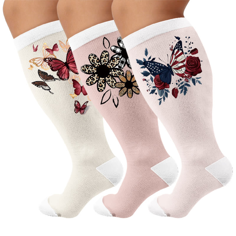 Plus Size Floral Butterfly Compression Stockings - Multicolor(3 Pairs) - 4XL - image 1
