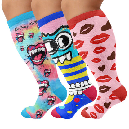 Plus Size Graffiti Lips Comic Style Compression Socks - Multicolor(3 Pairs) - 4XL - image 1