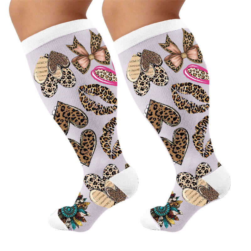 Plus Size Retro Leopard Print Compression Socks - Heart(1 Pair) - 4XL - image 7