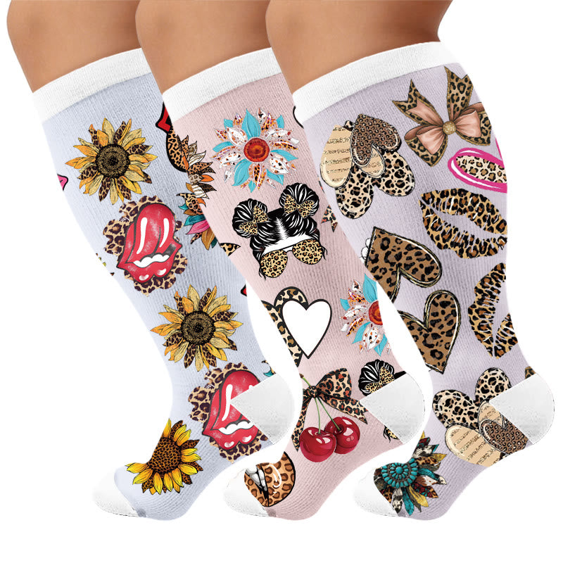 Plus Size Retro Leopard Print Compression Socks - Multicolor(3 Pairs) - 4XL - image 1