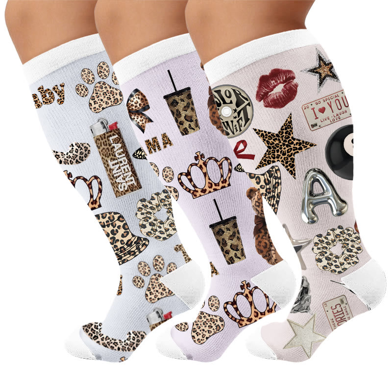 Plus Size Trendy Leopard Print Compression Socks - Multicolor(3 Pairs) - 4XL - image 1