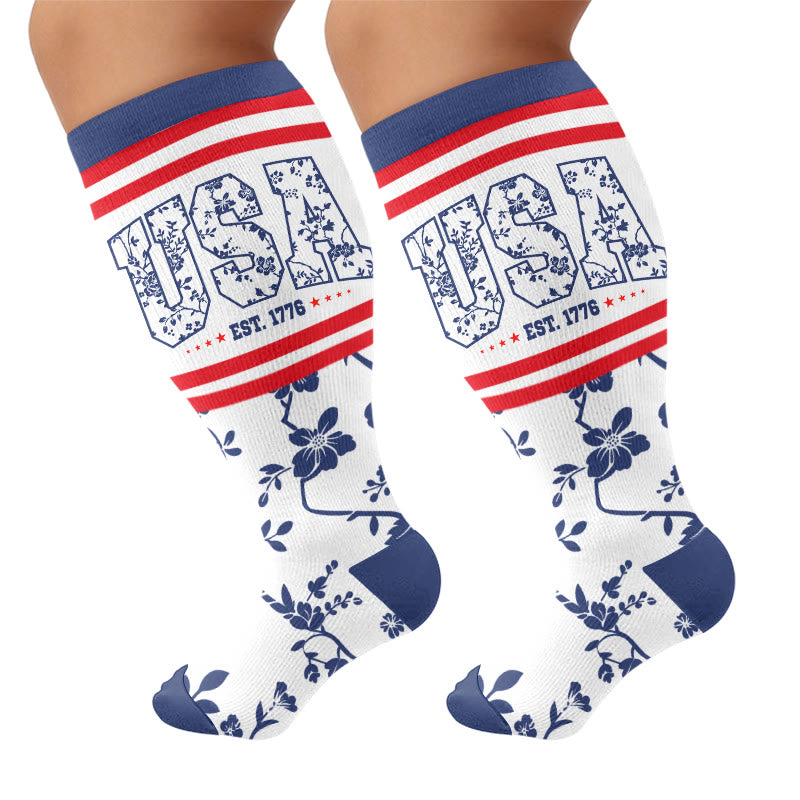 Plus Size Stripe Bow Compression Socks - Blue(1 Pair) - 4XL - image 7