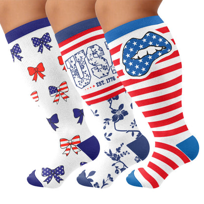 Plus Size Stripe Bow Compression Socks - Multicolor(3 Pairs) - 4XL - image 1