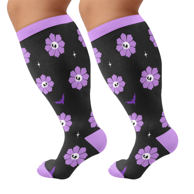 Plus Size Floral Skull Compression Socks - Purple(1 Pair) - 4XL - image 5