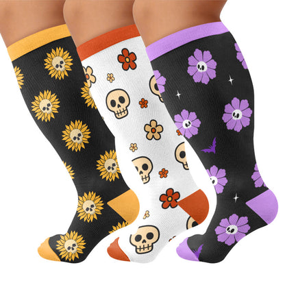 Plus Size Floral Skull Compression Socks - Multicolor(3 Pairs) - 4XL - image 1