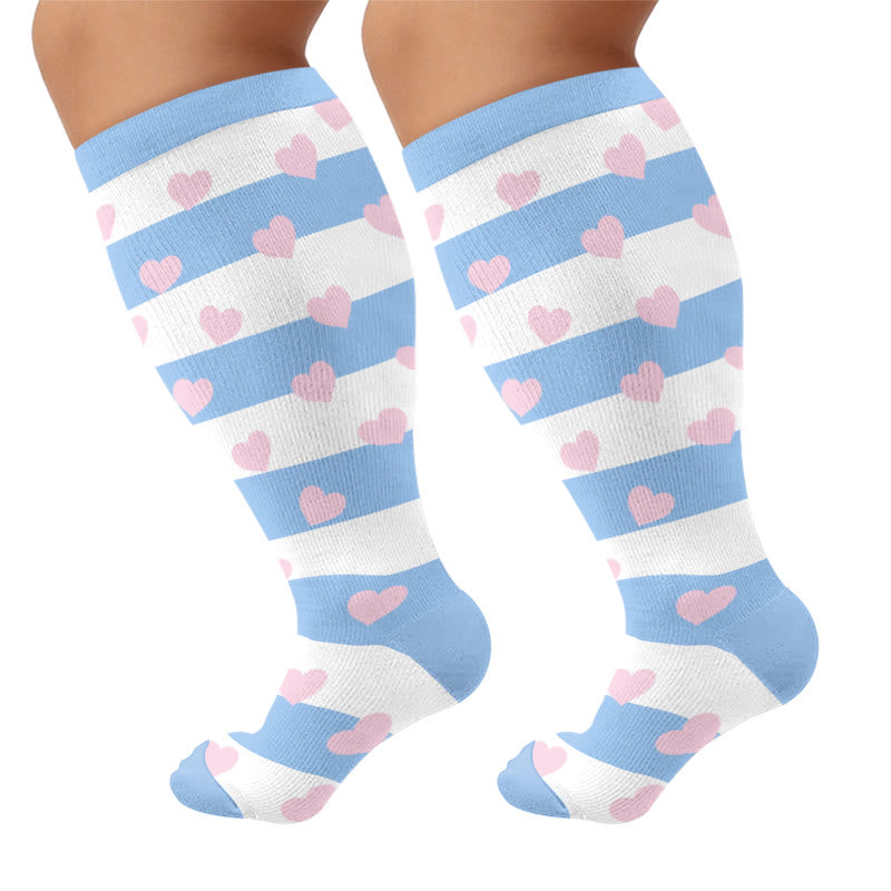Plus Size Heart Daisy Stripe Compression Socks - Blue(1 Pair) - 4XL - image 5