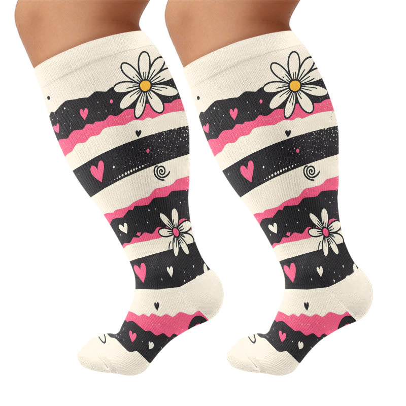 Plus Size Heart Daisy Stripe Compression Socks - Beige(1 Pair) - 4XL - image 6
