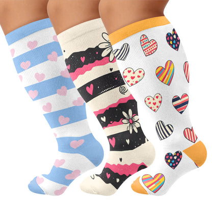 Plus Size Heart Daisy Stripe Compression Socks - Multicolor(3 Pairs) - 4XL - image 1