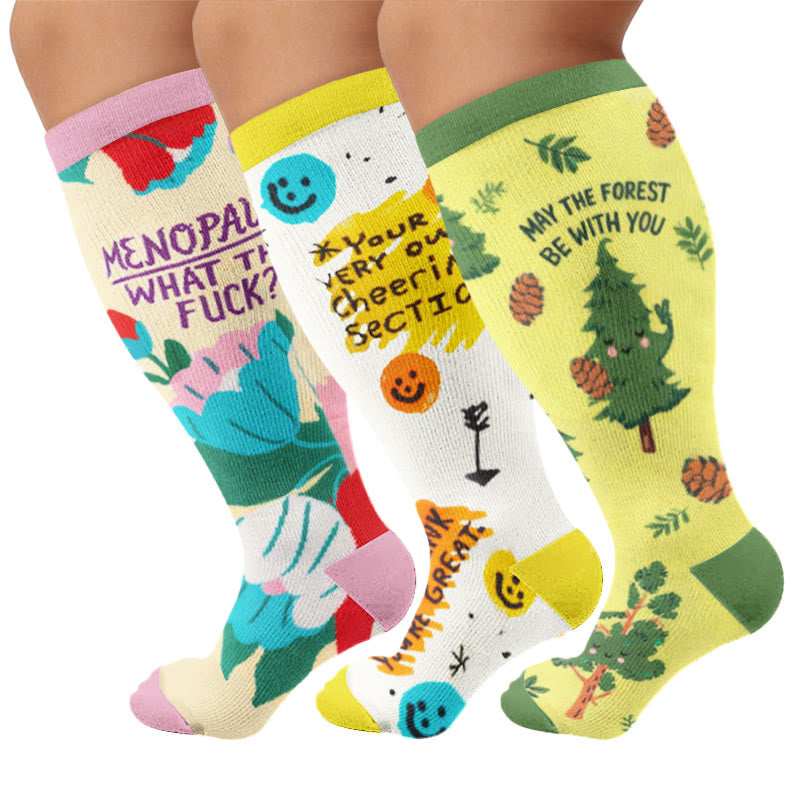 Plus Size Cheerful Doodles Compression Socks - Multicolor(3 Pairs) - 4XL - image 1