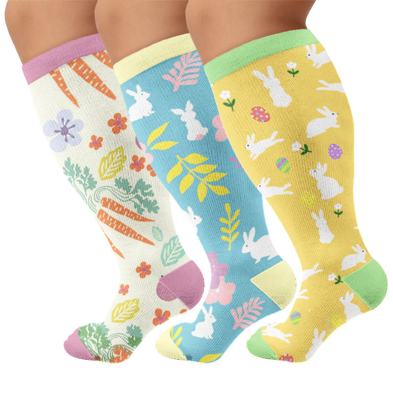 Plus Size Carrots Florals Egg Compression Socks - Multicolor(3 Pairs) - 4XL - image 1