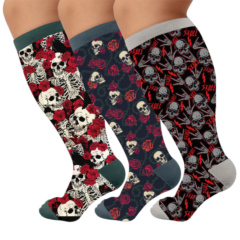 Plus Size Floral Skull Print Compression Socks - Multicolor(3 Pairs) - 4XL - image 1