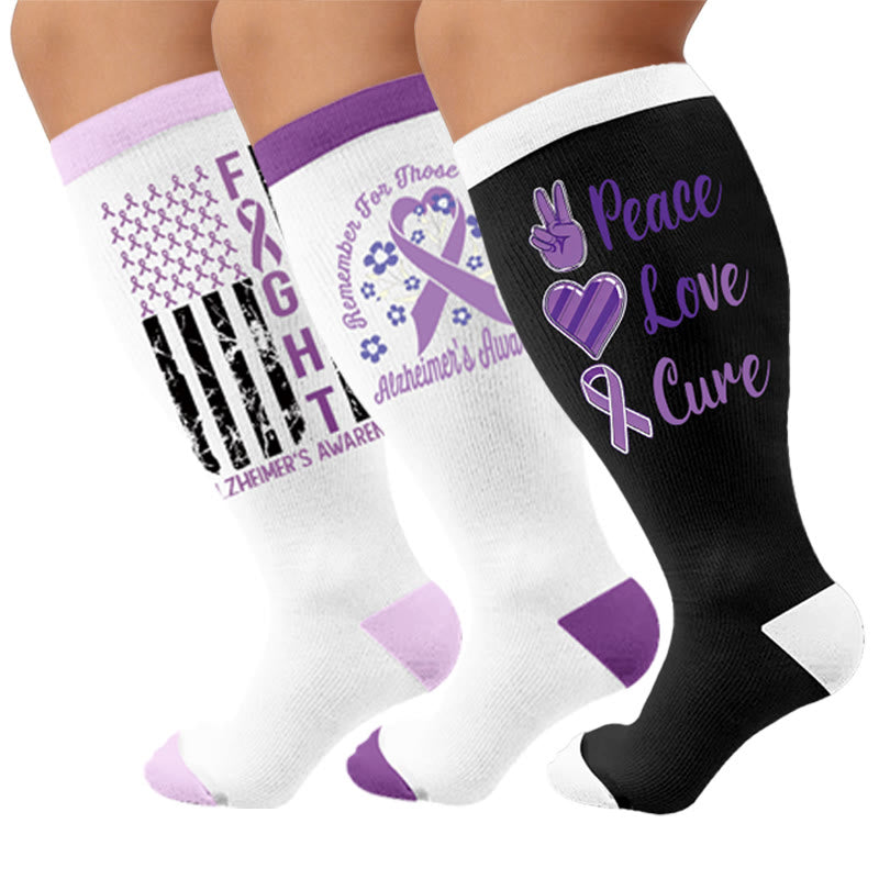 Plus Size Purple Ribbon Print Compression Socks - Multicolor(3 Pairs) - 4XL - image 1