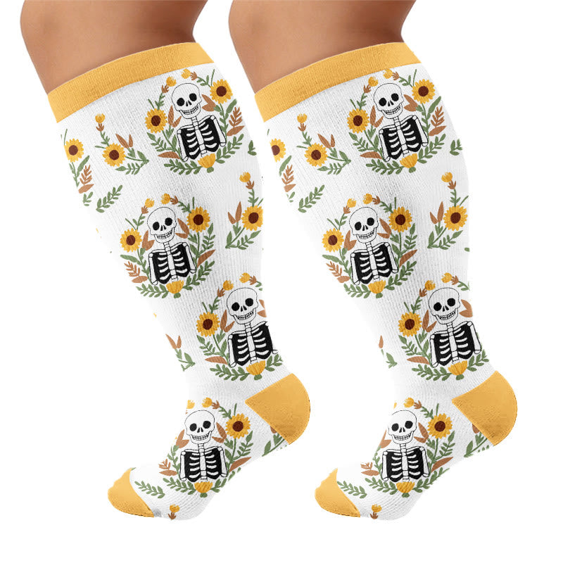 Plus Size Lip Skeleton Pattern Compression Socks - Yellow(1 Pair) - 4XL - image 7