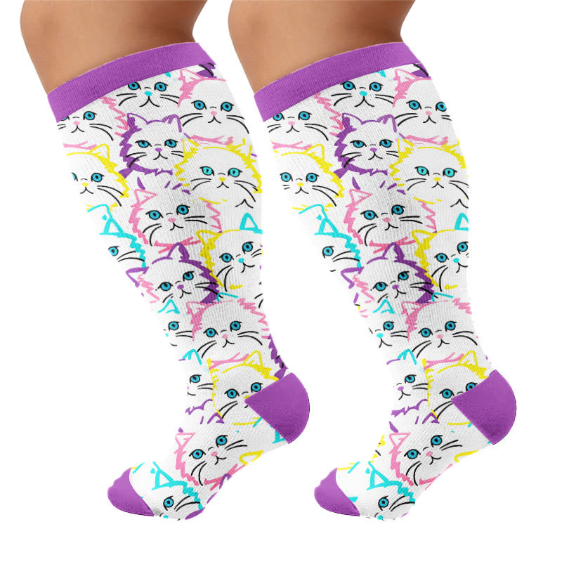 Plus Size Moon Star Cat Compression Socks - White(1 Pair) - 4XL - image 9