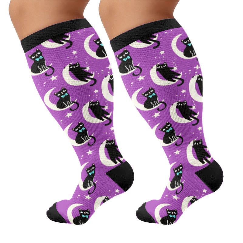 Plus Size Moon Star Cat Compression Socks - Purple(1 Pair) - 4XL - image 5