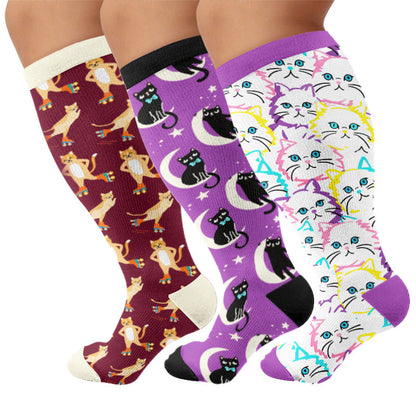 Plus Size Moon Star Cat Compression Socks - Multicolor(3 Pairs) - 4XL - image 1