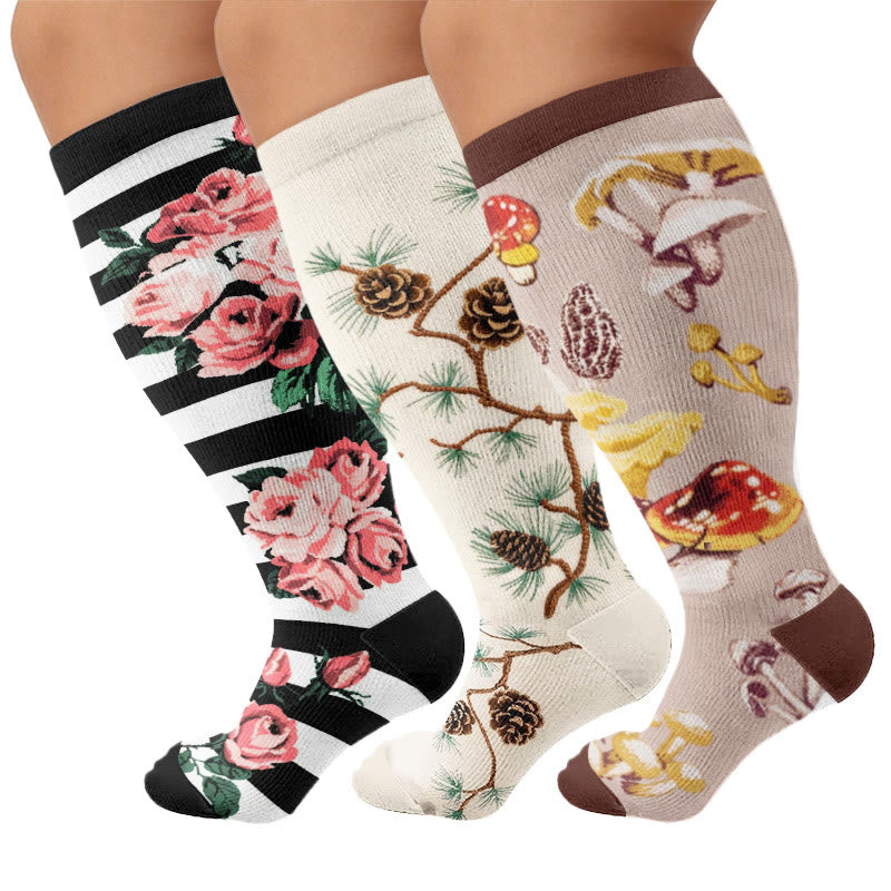 Plus Size Mushroom Pinecone Compression Socks - Multicolor(3 Pairs) - 4XL - image 1