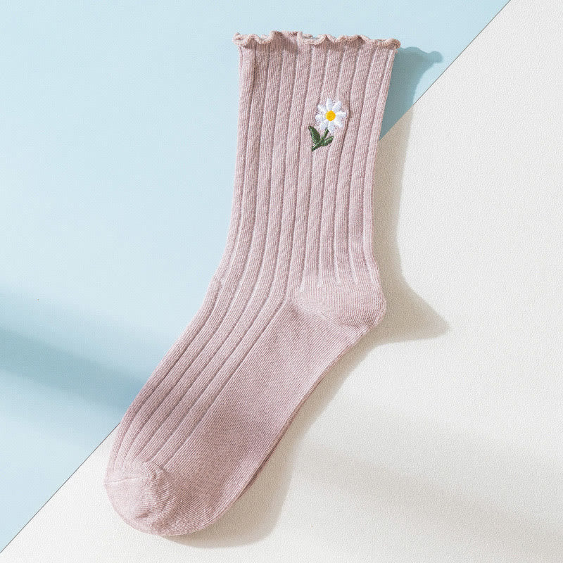 Embroidered Daisy Sleep Socks(8 Pairs) - Khaki - EU 36-40(US 3-7) - image 13