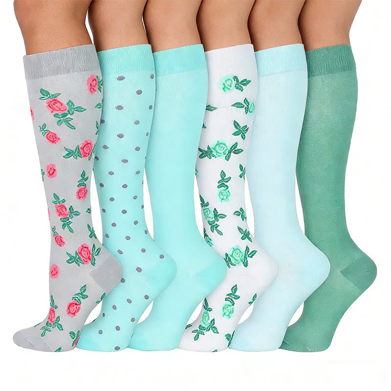 Blue Green Flower Compression Socks(6 Pairs) - image 1
