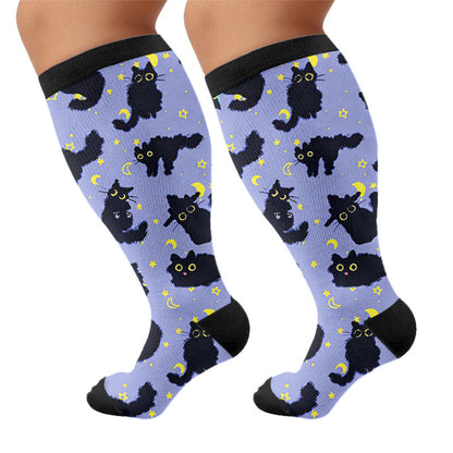 Plus Size Moonlight Cat Compression Socks - Blue - 4XL - image 7