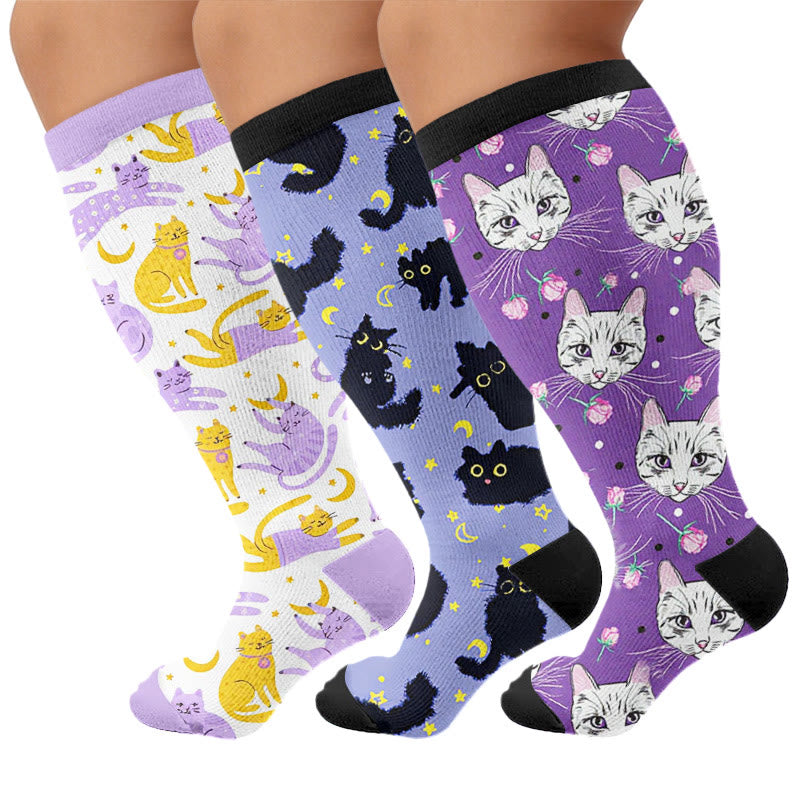 Plus Size Moonlight Cat Compression Socks - Multicolor(3 Pairs) - 4XL - image 4