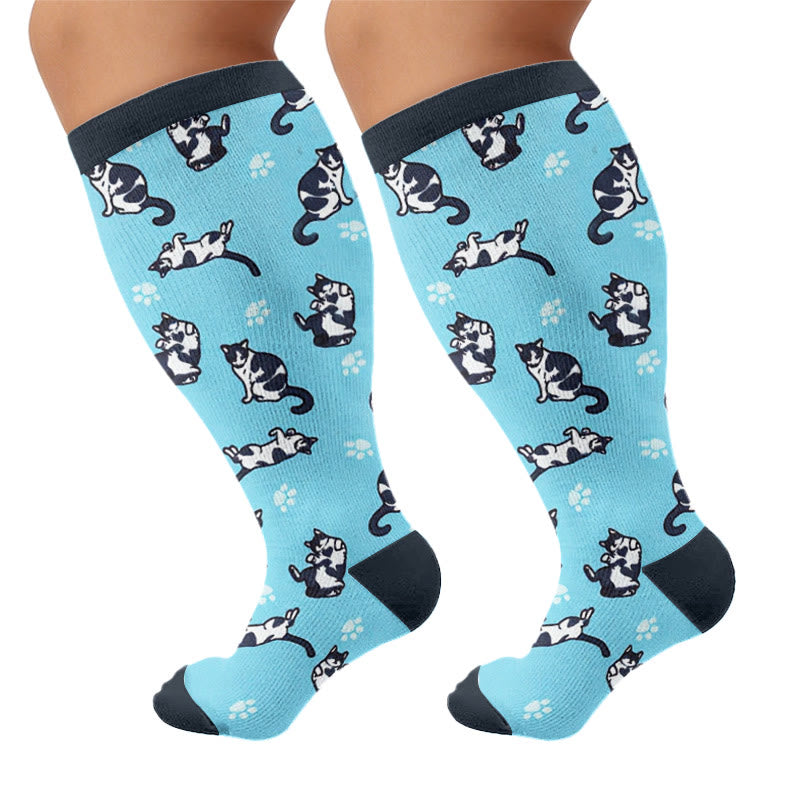 Plus Size Cute Quirky Cat Compression Socks - Blue(1 Pair) - 4XL - image 5