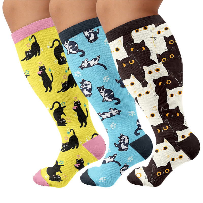 Plus Size Cute Quirky Cat Compression Socks - Multicolor(3 Pairs) - 4XL - image 1