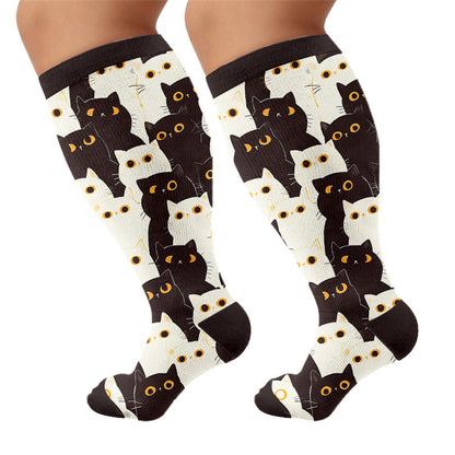 Plus Size Quirky Cute Cat Compression Socks - Black - 4XL - image 6