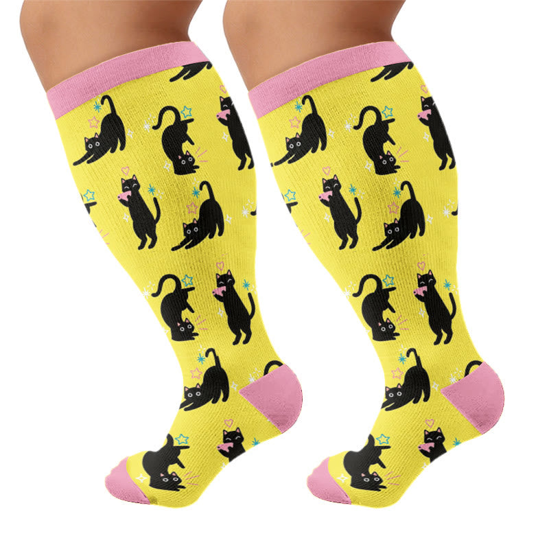 Plus Size Quirky Cute Cat Compression Socks - Yellow - 4XL - image 7
