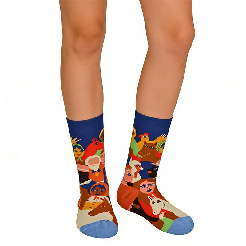Artistic Collage Cotton Quarter Socks - Blue - EU36-40(US3-9） - image 0