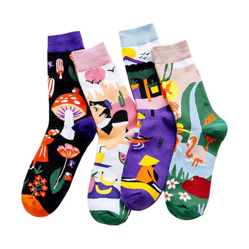 Cartoon Print Quarter Socks(4 Pairs) - image 1
