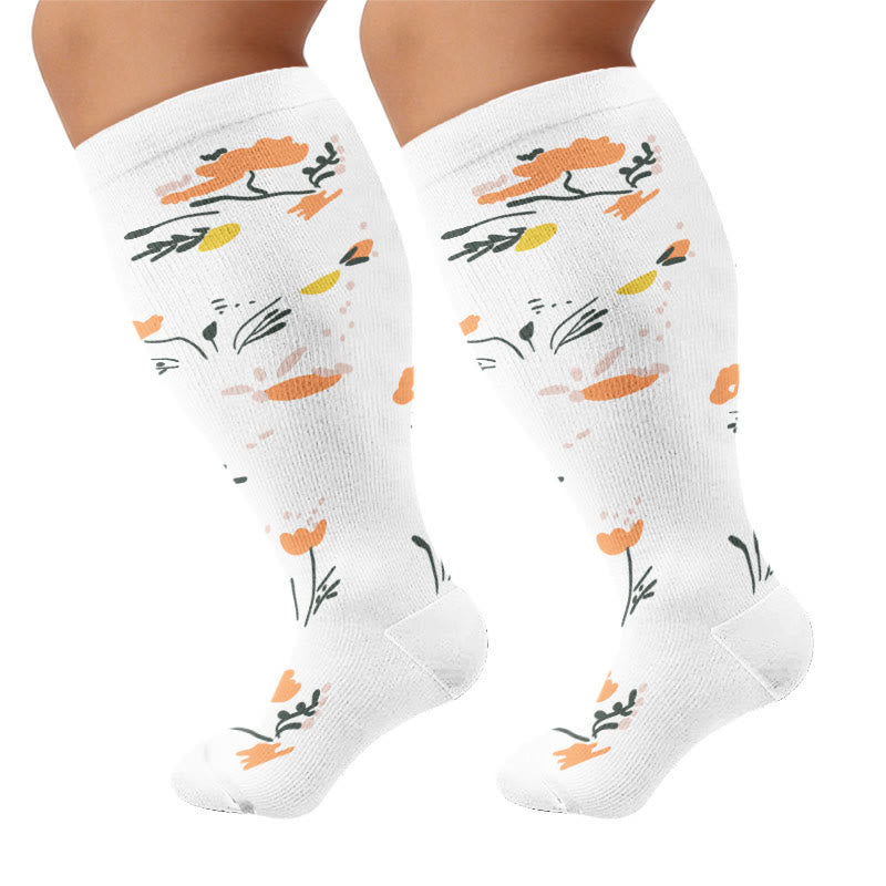 Plus Size Elegant Floral Compression Socks(3 Pairs) - White - 4XL - image 7