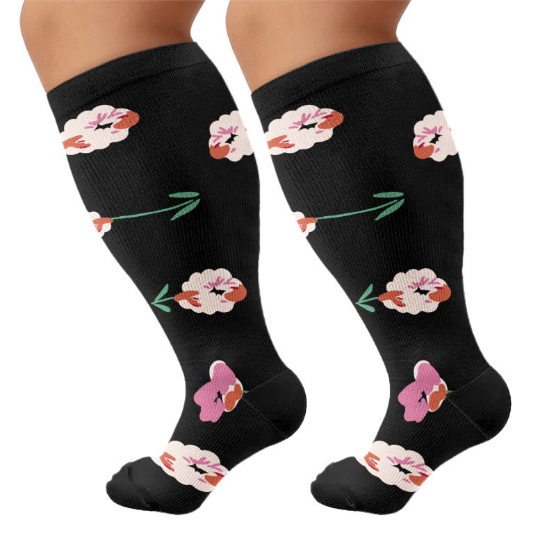 Plus Size Elegant Floral Compression Socks(3 Pairs) - Black - 4XL - image 6