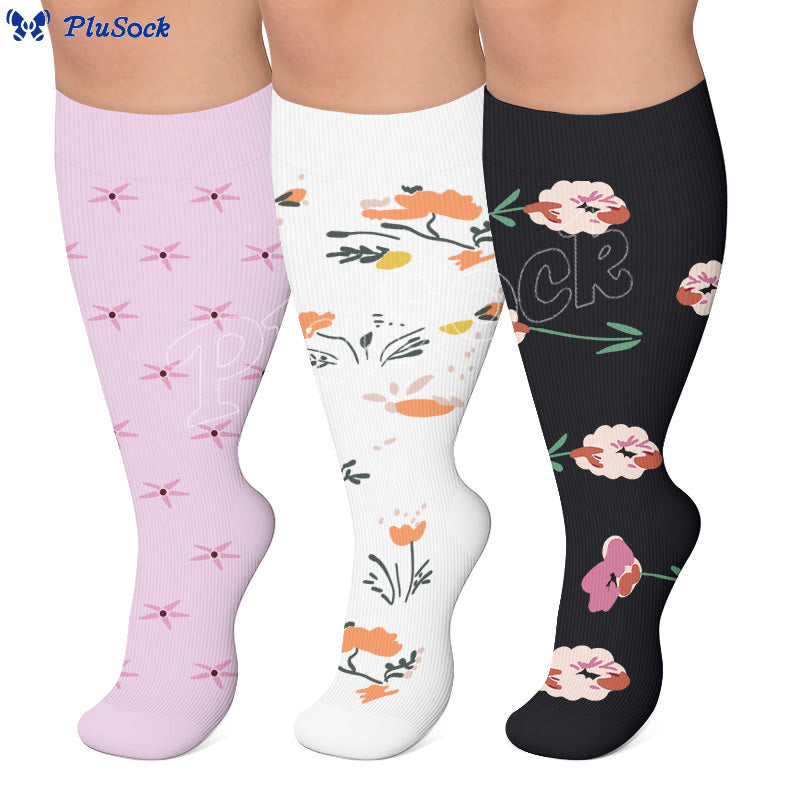 Plus Size Elegant Floral Compression Socks(3 Pairs) - image 0