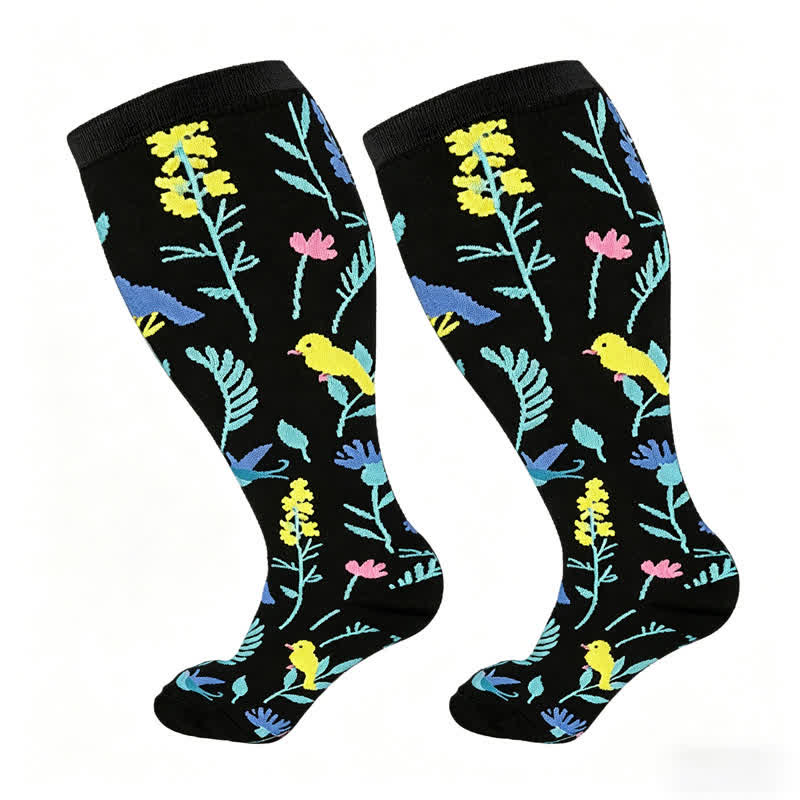 Plus Size Painted Flowers Compression Socks(3 Pairs) - Yellow - 4XL - image 5