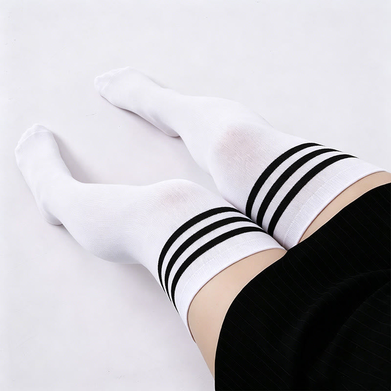 Three Bar Stripes Thigh High Socks(2 Pairs) - White - One Size - image 2