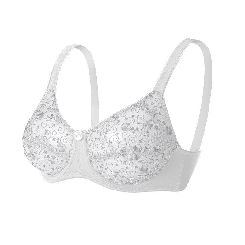 Silver Flower Embroidery Pattern Full Coverage Bras - White - 44 - D - image 11