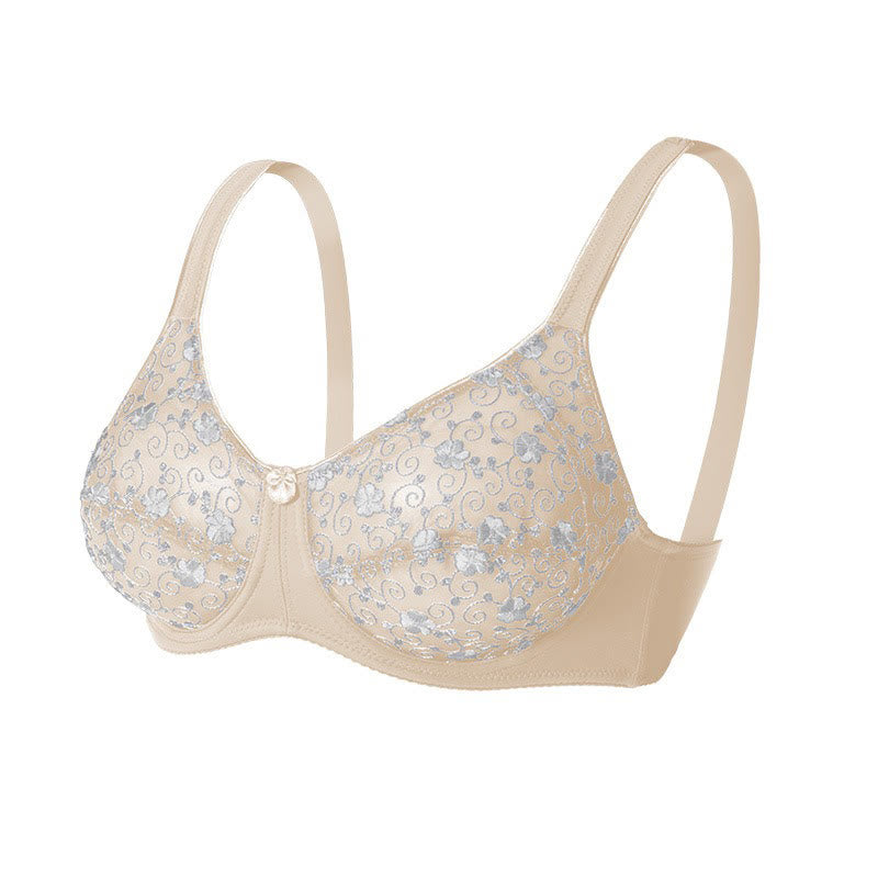 Silver Flower Embroidery Pattern Full Coverage Bras - Apricot - 44 - D - image 10