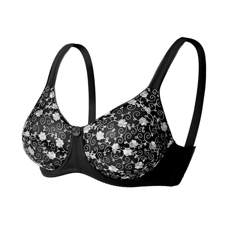 Silver Flower Embroidery Pattern Full Coverage Bras - Black - 44 - D - image 9