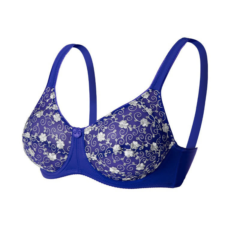 Silver Flower Embroidery Pattern Full Coverage Bras - Blue - 44 - D - image 12
