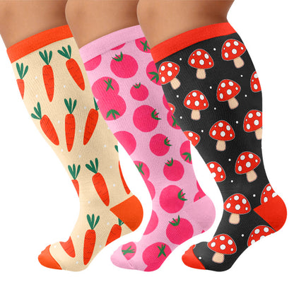 Plus Size Mushroom Tomato Compression Socks - Multicolor(3 Pairs) - 4XL - image 1