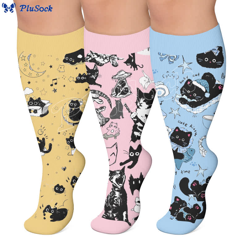Plus Size Scrawled Cat Compression Socks - image 0