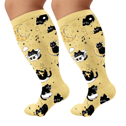 Plus Size Scrawled Cat Compression Socks - Yellow(1 Pair) - 4XL - image 5