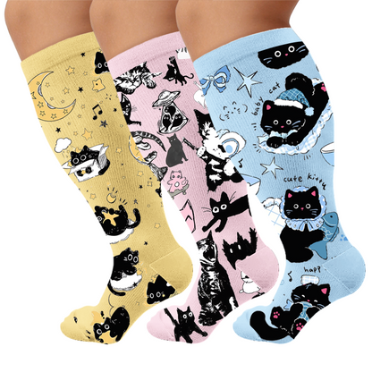 Plus Size Scrawled Cat Compression Socks - Multicolor(3 Pairs) - 4XL - image 1